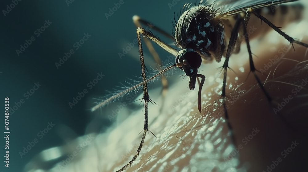 Fototapeta premium Closeup view of a mosquito biting human skin
