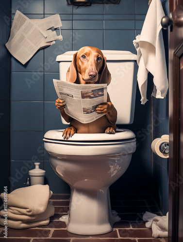 Dackel sitzt auf der Toilette und liest Zeitung, Toilettenbilder mit Hund, Haustier Portrait Toilettenschild, Lustige Toiletten Regeln mit einem Hund,  photo