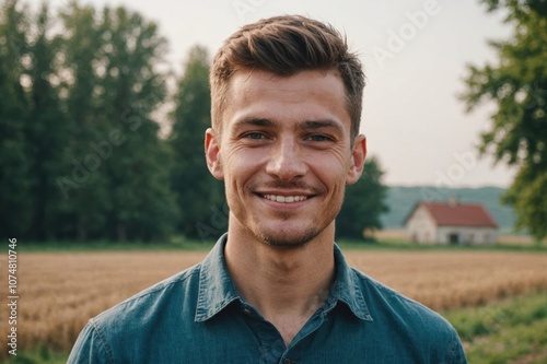 Close portrait of a smiling young Ukrainian male farmer standing and looking at the camera, outdoors Ukrainian rural blurred background