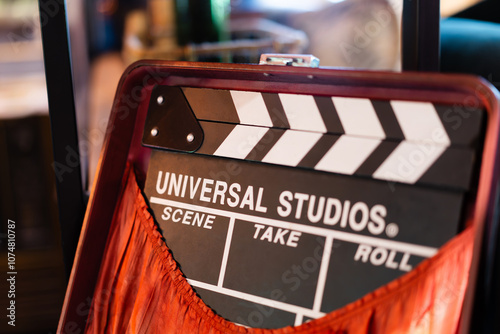 Clapper board for photography, video director equipment, props, blurred background