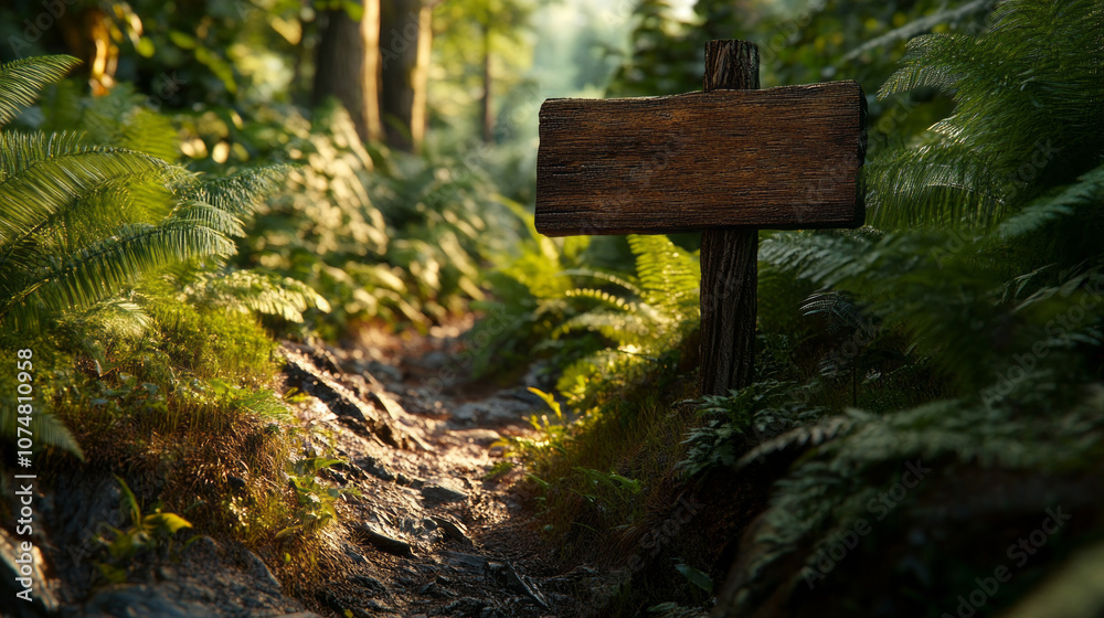 A sign is on a path in a forest A sign is on a path in a forest