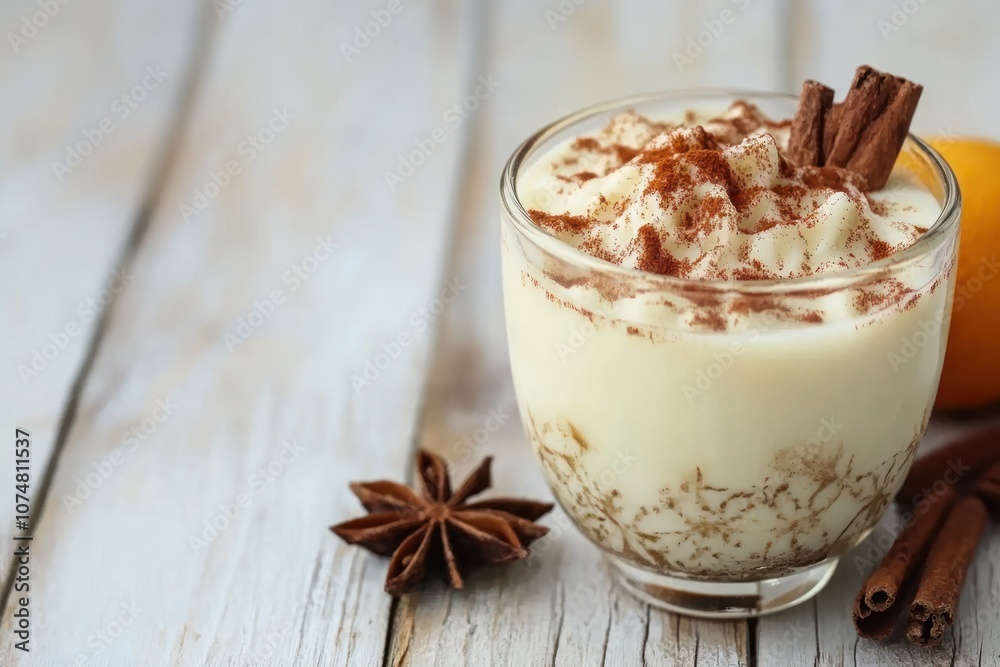 Creamy dessert topped with cinnamon and star anise, served in a glass. Creamy dessert topped with cinnamon and star anise, served in a glass.