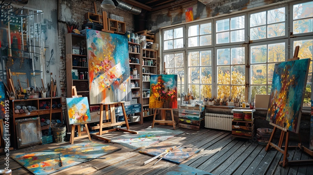Artist's Studio with Large Windows and Easel Paintings Artist's Studio with Large Windows and Easel Paintings