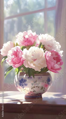 Wallpaper Mural Pink and White Peonies in Vintage Porcelain Vase by Window Torontodigital.ca