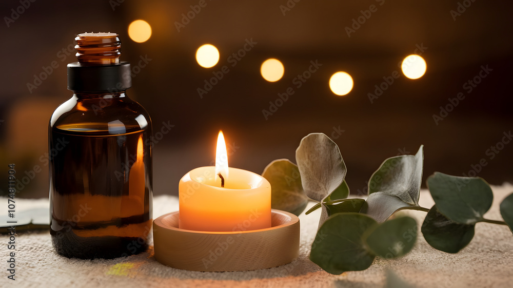 Amber essential oil bottle beside a lit candle and eucalyptus leaves in a cozy, warm atmosphere Amber essential oil bottle beside a lit candle and eucalyptus leaves in a cozy, warm atmosphere