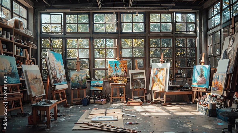 A sunlit artist's studio with easels displaying colorful landscape paintings A sunlit artist's studio with easels displaying colorful landscape paintings
