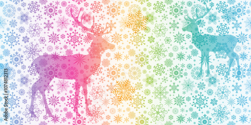 Vector seamless christmas rainbow pattern with doodle snowflakes and deer on a white background