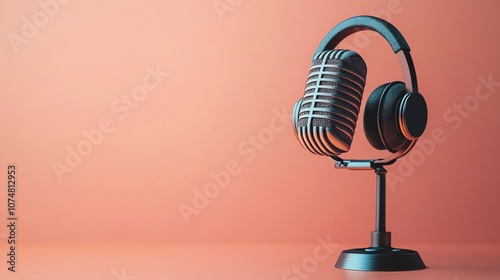 A vintage microphone with headphones around the top against a peach background.
