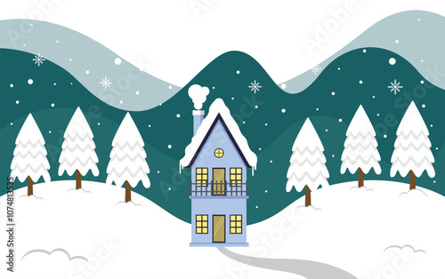 House And Snow With Surrounded By Snow And Pine Trees In Christmas Season