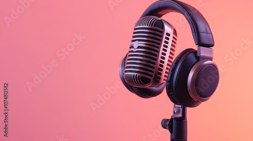 A vintage microphone with headphones around the top against a pink and red background.