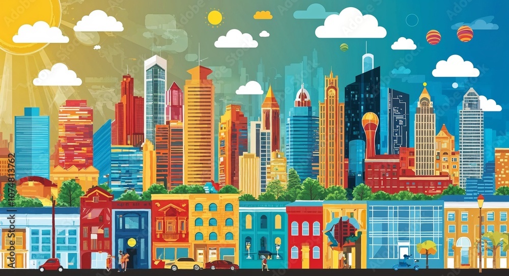 Obraz premium Colorful city life scene and atmosphere in illustration background