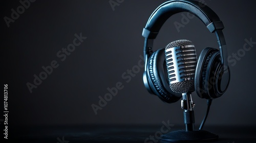 A microphone with headphones on top on a table against a dark background.