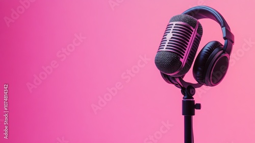 A vintage microphone with headphones around the top against a pink background.