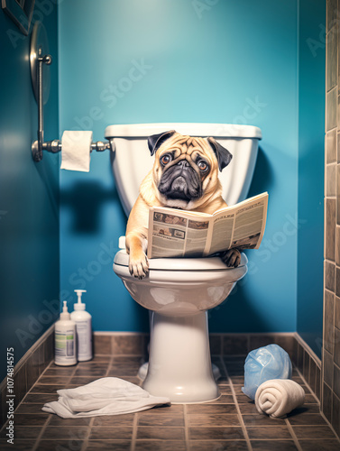 Mops sitzt auf der Toilette und liest Zeitung, Toilettenbilder mit Hund, Haustier Portrait Toilettenschild, Lustige Toiletten Regeln mit einem Hund,  photo