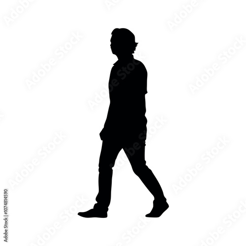 a silhouette of a person wearing a polo shirt and chinos, walking in a casual but neat manner