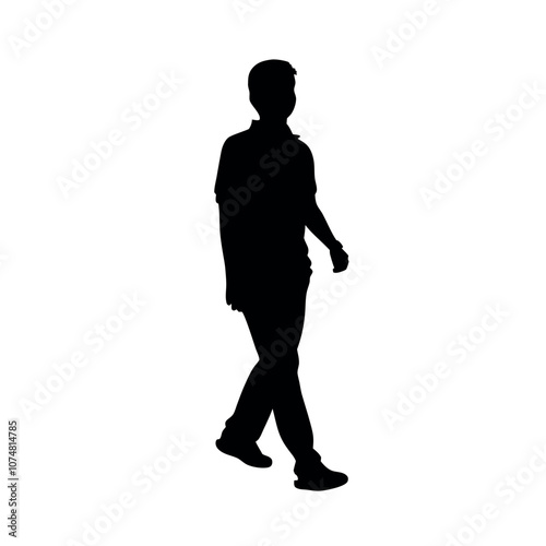 a silhouette of a person wearing a polo shirt and chinos, walking in a casual but neat manner