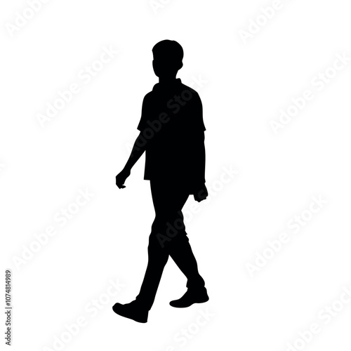 a silhouette of a person wearing a polo shirt and chinos, walking in a casual but neat manner