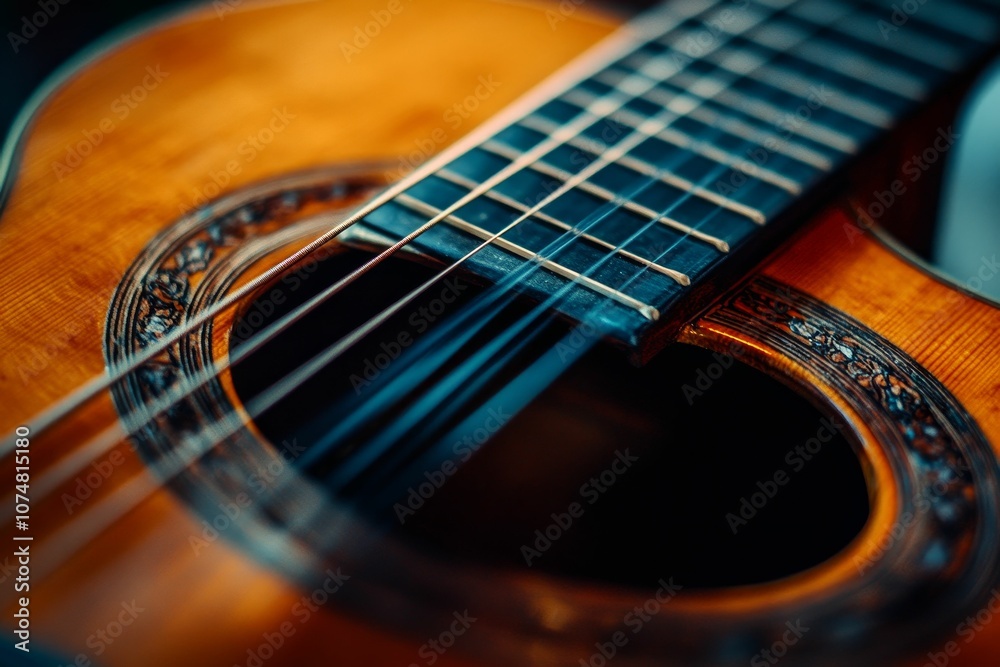 Fototapeta premium Close-up of a wooden acoustic guitar.