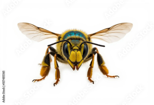 Macro close-up of a honey bee isolated on white background, showcasing detailed textures of its wings, eyes and furry body. For entomology, pollination, and biodiversity concepts in nature and science