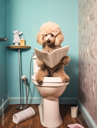 Pudel sitzt auf der Toilette und liest Zeitung, Toilettenbilder mit Hund, Haustier Portrait Toilettenschild, Lustige Toiletten Regeln mit einem Hund, 