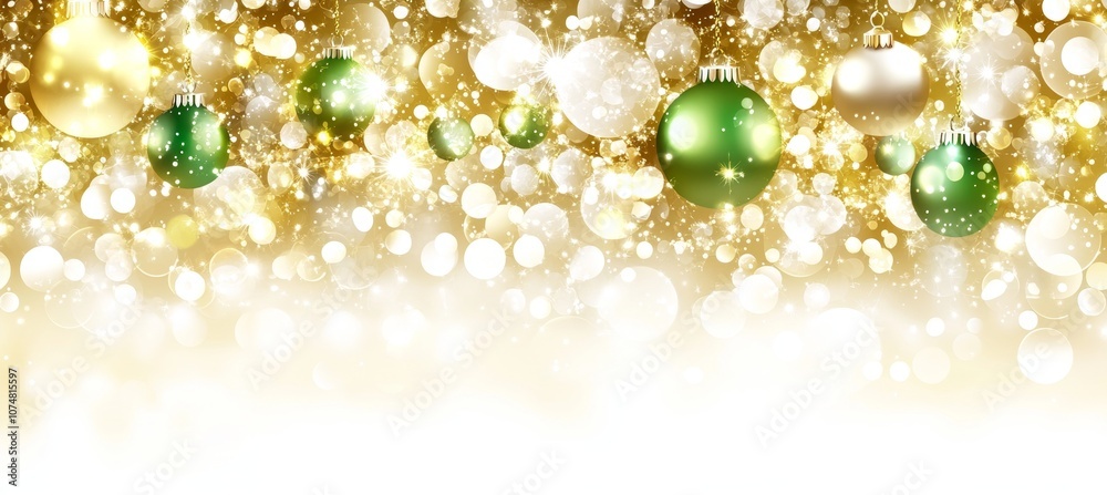 Festive Christmas Background With Sparkling Gold And Green Ornaments, Bokeh Effect, And Copy Space