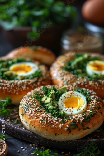 Simit with sliced avocado, boiled egg, and fresh herbs