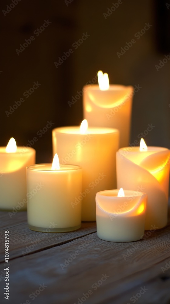 A serene arrangement of glowing candles on a wooden surface, creating a warm ambiance.