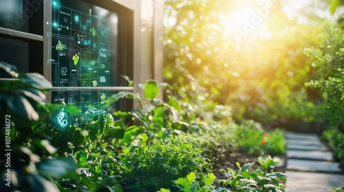 Automated sprinklers and soil sensors nurture a vibrant garden filled with healthy plants, basking under bright sunlight. Generative AI