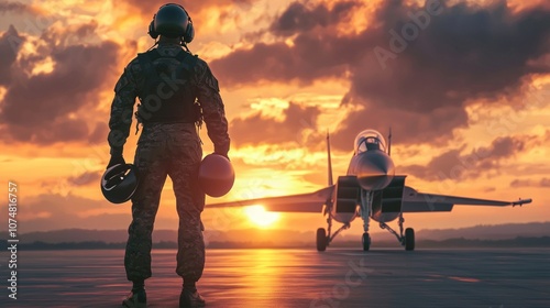 male military pilot holds his helmet as he stands American fighter jet backdrop beautiful sunset preparing flight. photo