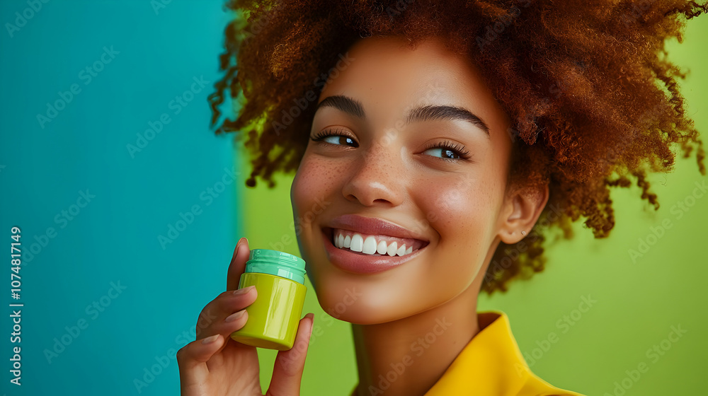 Woman with Curly Hair Holding Green Jar - Realistic Image
