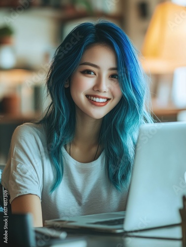 Modern, Happy Woman Using Laptop at Home Office