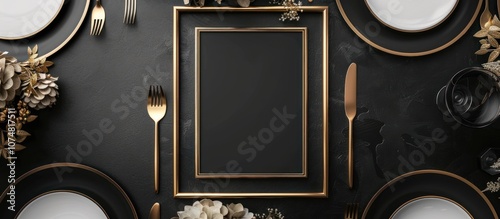 Elegant black and gold place setting with blank frame for your message.