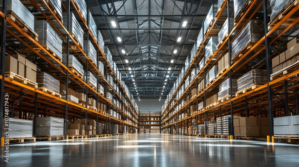 Fototapeta premium Smart warehouse. Automatic stock storage, modern distribution building, ecommerce warehouse, digital logistics, smart package hardware, AI delivery system, innovation in cargo, commercial storehouse
