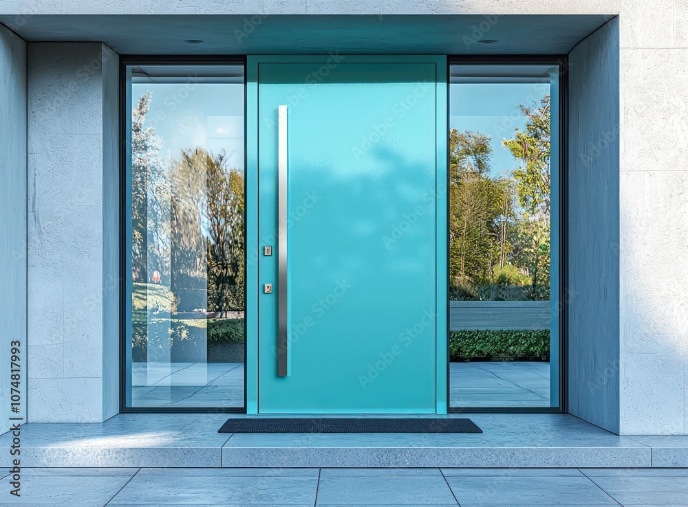 Fototapeta premium Contemporary aqua blue door complemented by large glass panels in real estate photography.