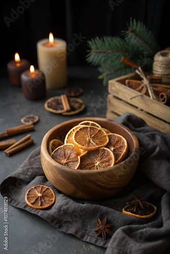 Dried orange slices in a wooden bowl with cinnamon and candles