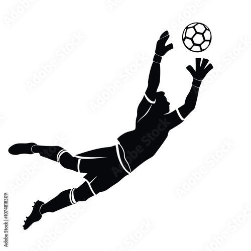 A soccer goalkeeper dives forward and to his right, arms outstretched silhouette