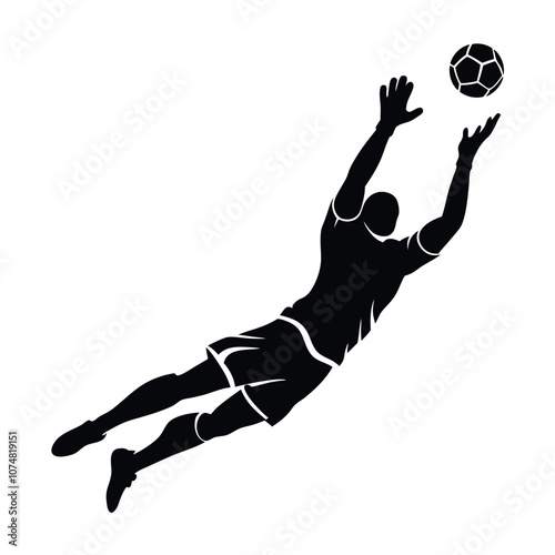 A soccer goalkeeper dives forward and to his right, arms outstretched silhouette