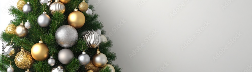 A decorated Christmas tree with silver and gold ornaments against a plain background. A decorated Christmas tree with silver and gold ornaments against a plain background.