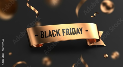 Elegant Black Friday Banner with Golden Ribbons and Confetti