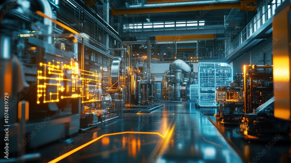 Futuristic Factory with Holographic Screens Futuristic Factory with Holographic Screens