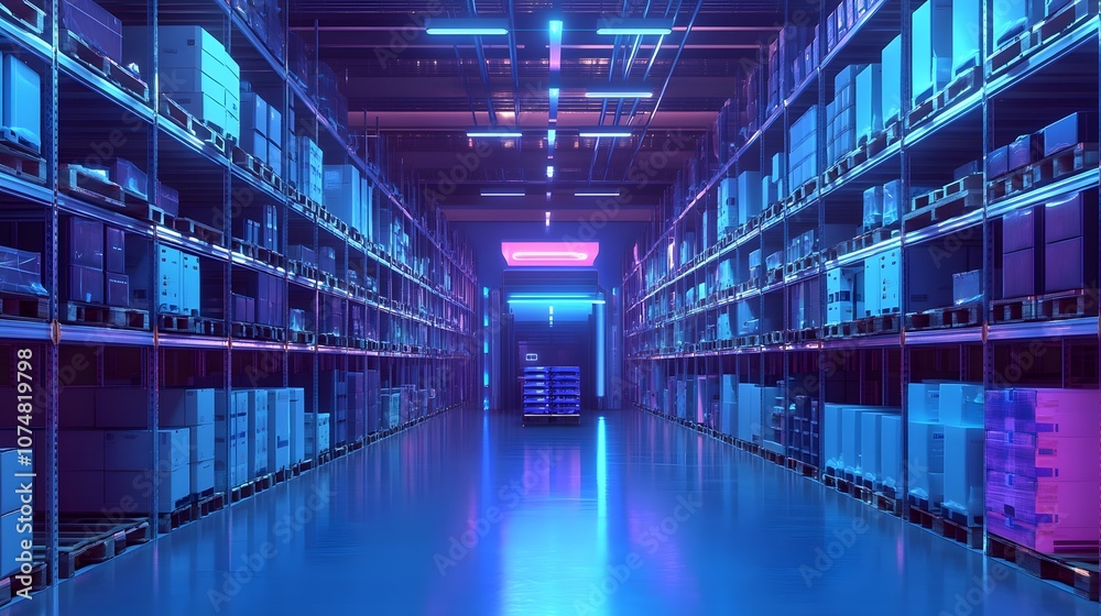 Smart warehouse. Automatic stock storage, modern distribution building, ecommerce warehouse, digital logistics, smart package hardware, AI delivery system, innovation in cargo, commercial storehouse