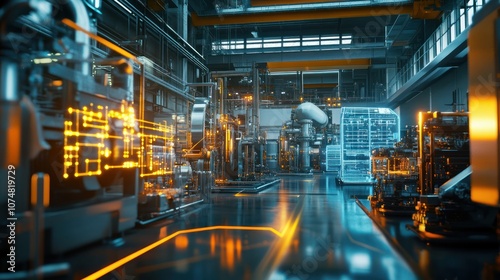 Futuristic Factory with Holographic Screens