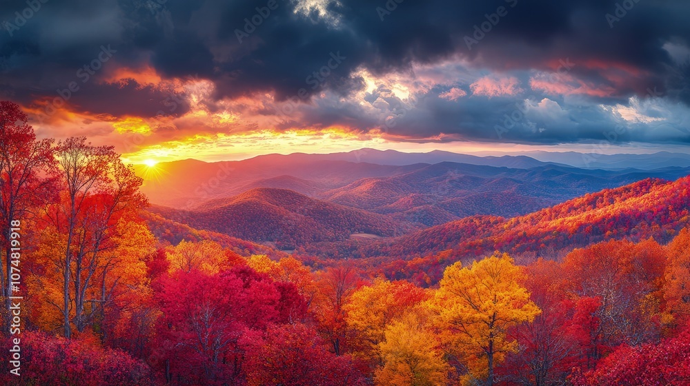 A vibrant autumn background of rolling hills covered with colorful trees in shades of red, orange, and yellow, under a dramatic, cloudy sky illuminated by the warm glow of sunset. A vibrant autumn background of rolling hills covered with colorful trees in shades of red, orange, and yellow, under a dramatic, cloudy sky illuminated by the warm glow of sunset.