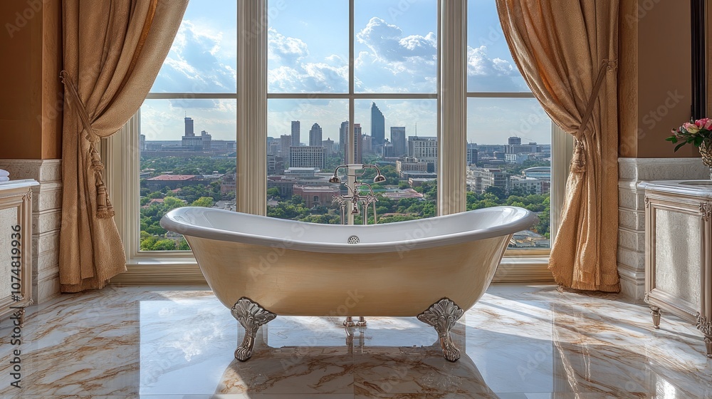 A luxurious bathroom with a clawfoot bathtub and a view of a city skyline through large windows. A luxurious bathroom with a clawfoot bathtub and a view of a city skyline through large windows.