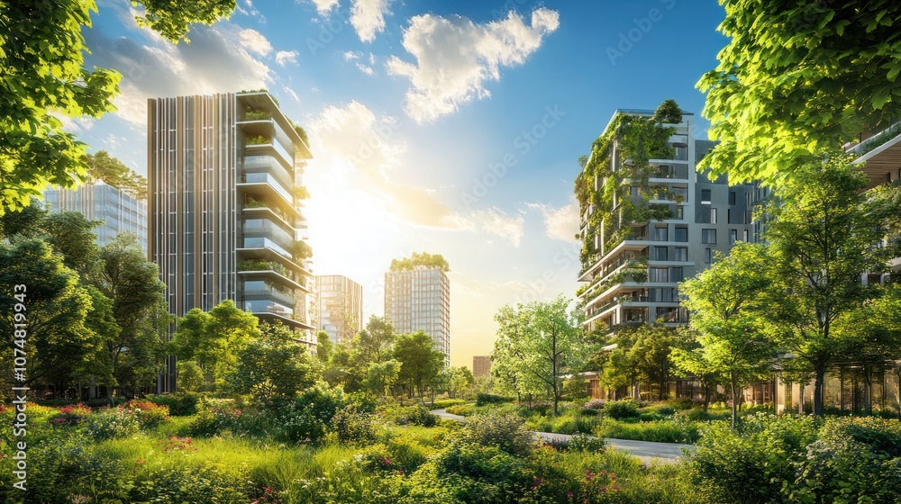 Obraz premium Sustainable urban development integrating green spaces, energy-efficient buildings, and smart planning