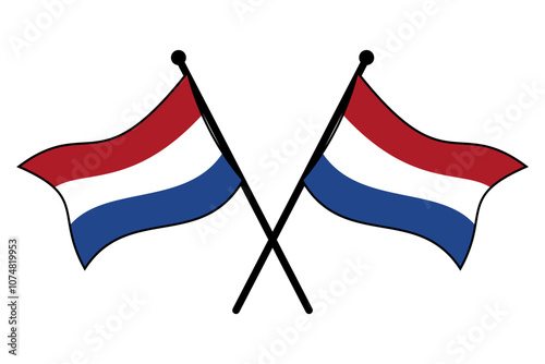 Two Dutch Flags Crossed on Flagpoles, Minimalistic Vector Design Representing Netherlands National Identity, Editable EPS Illustration on White Background