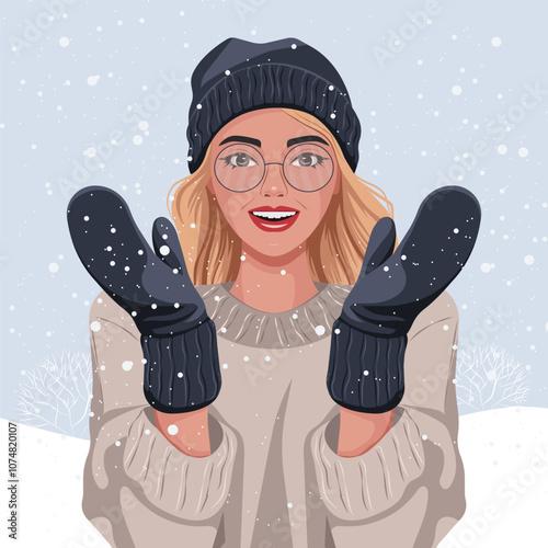 A beautiful happy young woman in a knitted hat and sweater, in warm mittens, catches falling snowflakes. Flat vector.