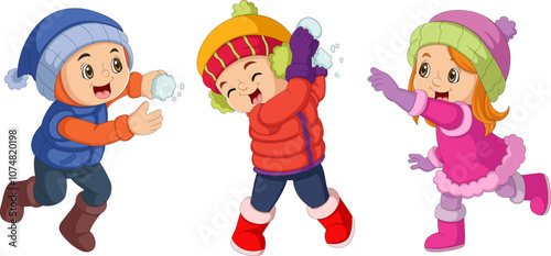 Happy children cartoon wearing winter clothes and playing snowball