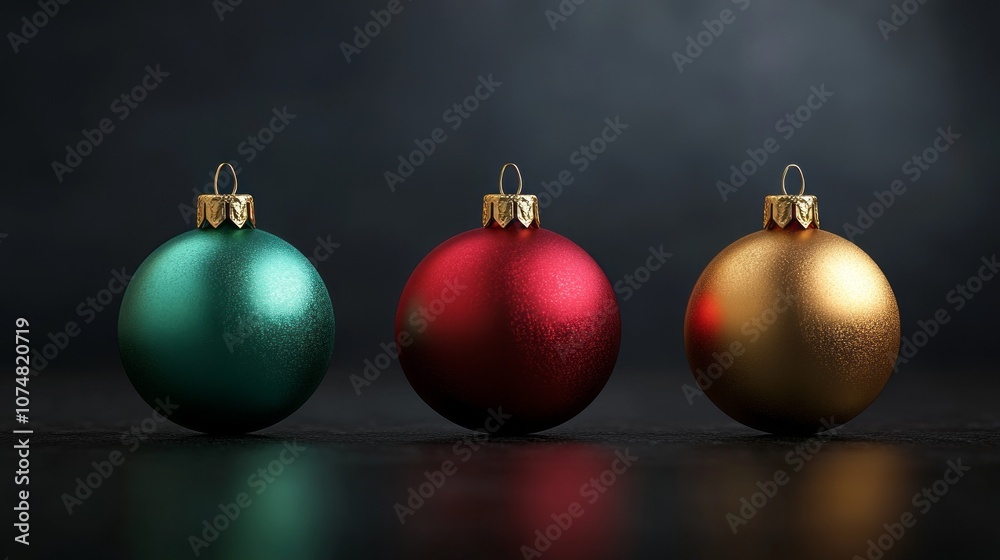 Three Christmas ornaments are sitting on a dark surface
