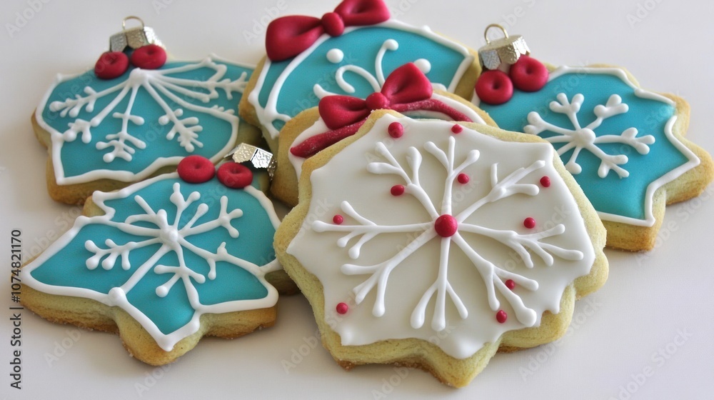 Decorative holiday cookies featuring snowflake designs and festive colors. Decorative holiday cookies featuring snowflake designs and festive colors.